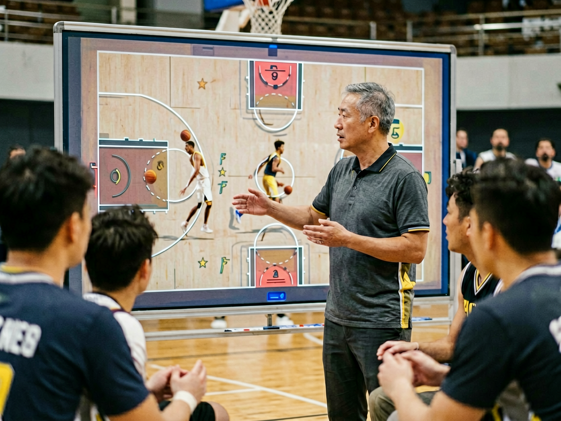篮球战术分析:教练在战术板前讲解战术,队员专注听讲